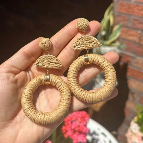 Anthro Boho Raffia Rattan Drop Earrings - Picture 7 of 7